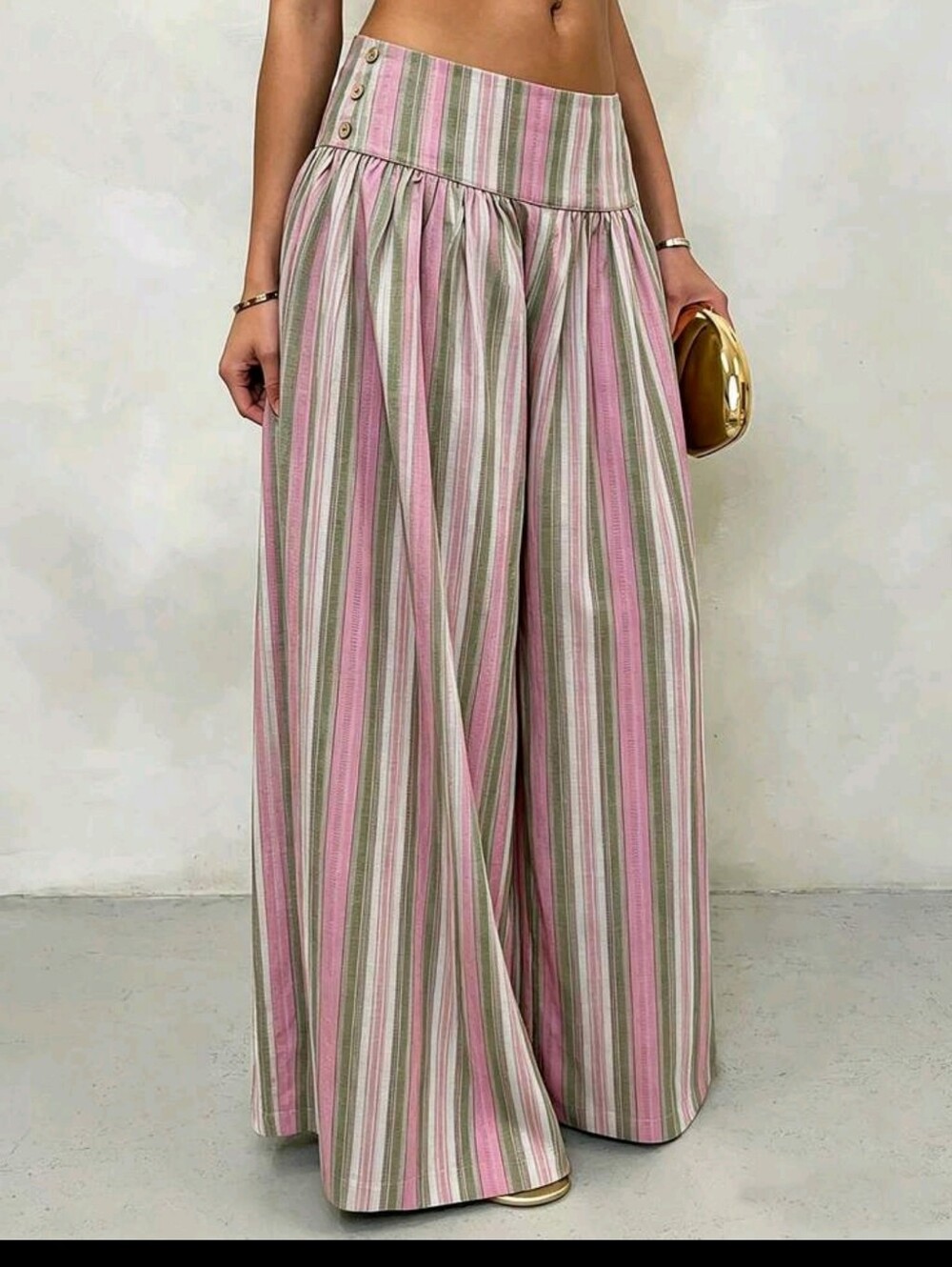 Striped Wide-Leg Palazzo Pants - Pink & Green - Picture 3 of 5